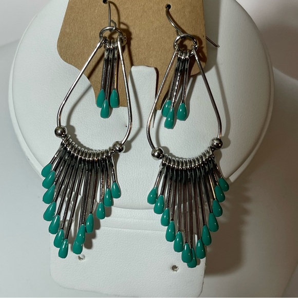 Vintage Silver and Teal Paddle, Fringe, Teardrop Earrings Boho Style Turquoise - Picture 3 of 5